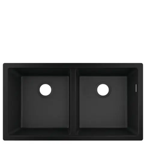 Zweischaliger Unterbauspüle in Graphitschwarz. Die Spüle hat zwei identische Becken mit runden Abflusslöchern. Produkt von Hansgrohe.